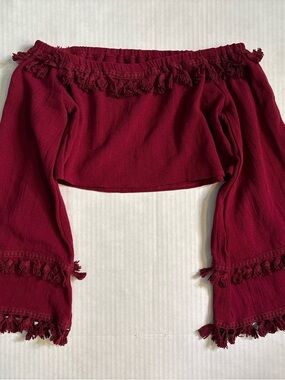Dainty Hooligan Off-Shoulder Tassel Crop Top - Burgundy Womens Med bell sleeves
